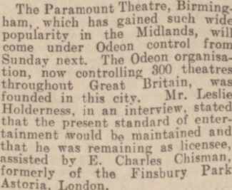 A Press Announcement about Odeon taking over the Paramount Theatre, Birmingham in 1942 - From the Birmingham Mail, 28th of August 1942.